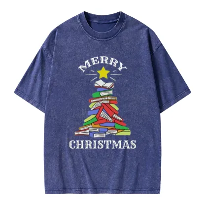 Pagewings Merry Christmas Book Tree Unisex Washed T-shirt