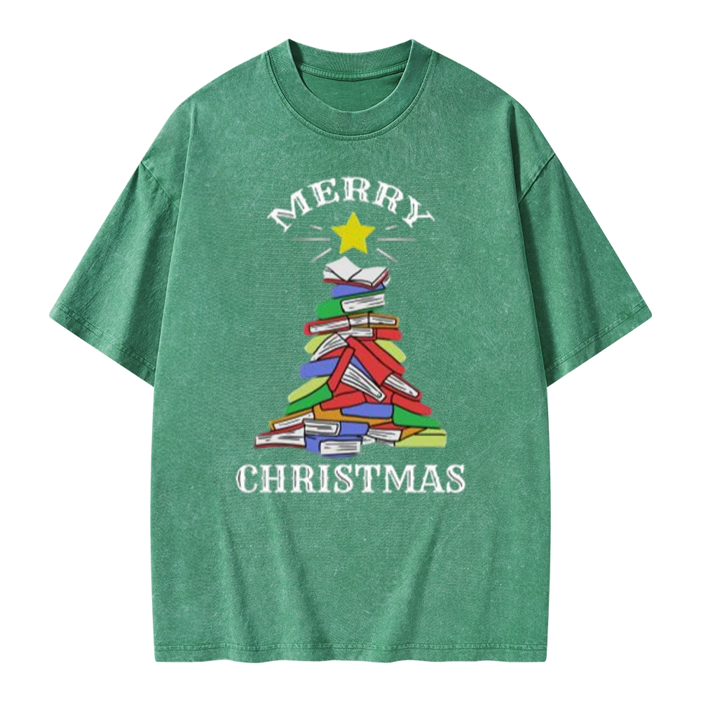 Pagewings Merry Christmas Book Tree Unisex Washed T-shirt