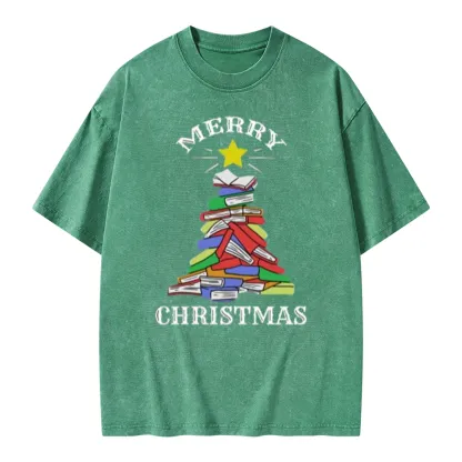 Pagewings Merry Christmas Book Tree Unisex Washed T-shirt