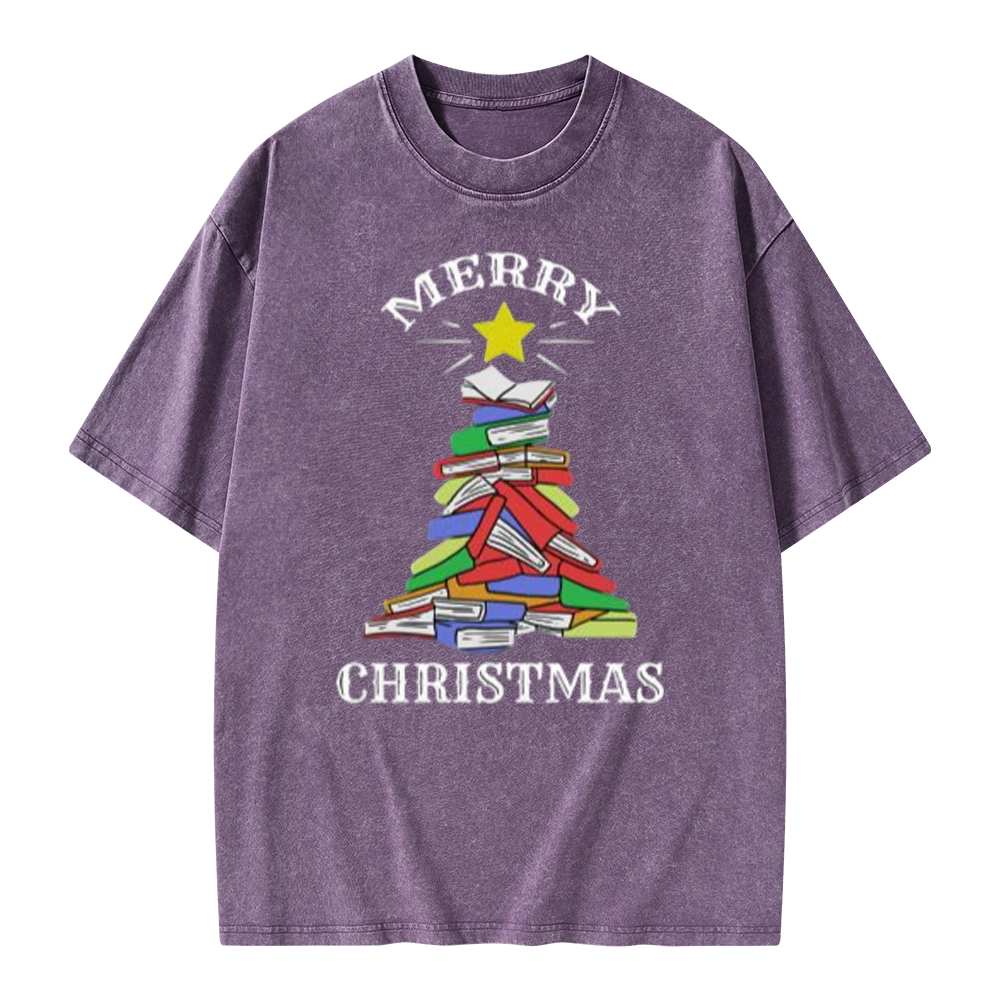 Pagewings Merry Christmas Book Tree Unisex Washed T-shirt