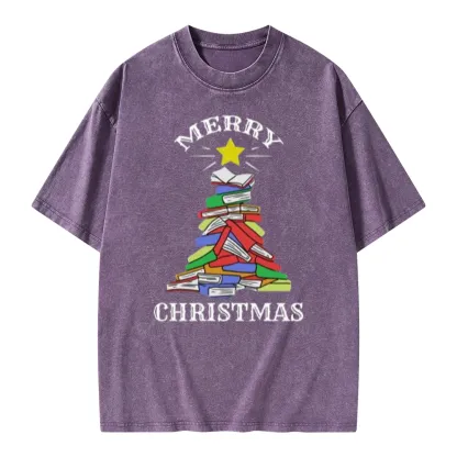 Pagewings Merry Christmas Book Tree Unisex Washed T-shirt
