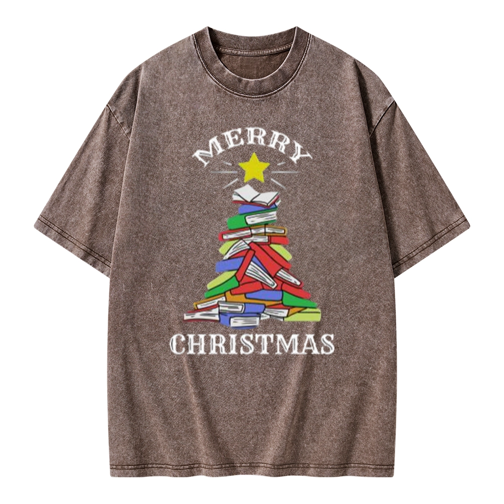 Pagewings Merry Christmas Book Tree Unisex Washed T-shirt