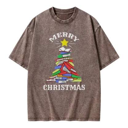 Pagewings Merry Christmas Book Tree Unisex Washed T-shirt