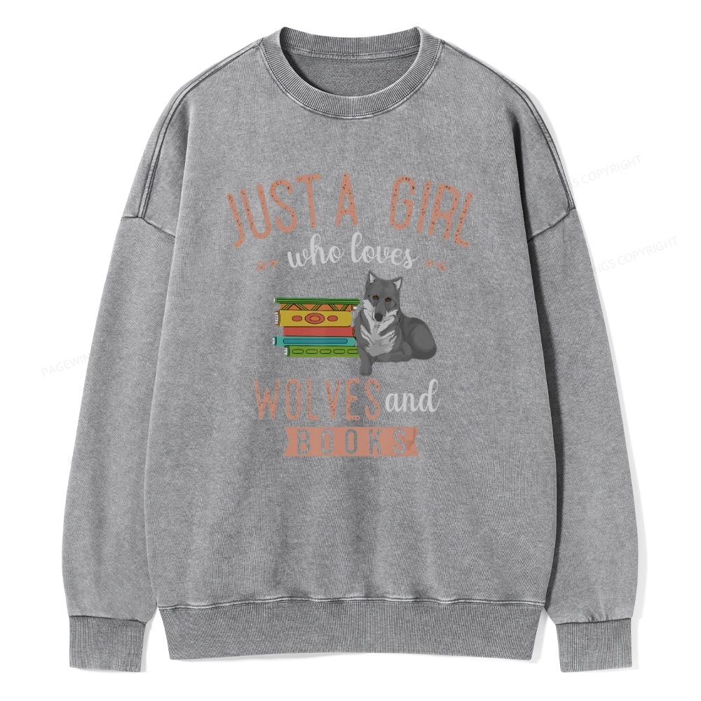 Pagewings Girls Forest Animal Book Wolf Reading Unisex Washed Sweatshirt