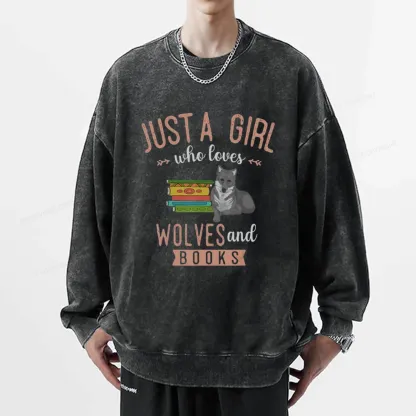 Pagewings Girls Forest Animal Book Wolf Reading Unisex Washed Sweatshirt