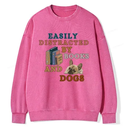 Pagewings Easily Distracted By Books And Dogs Unisex Washed Sweatshirt
