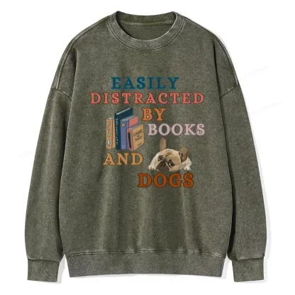 Pagewings Easily Distracted By Books And Dogs Unisex Washed Sweatshirt