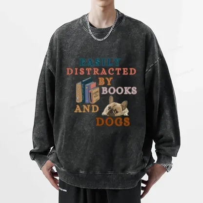 Pagewings Easily Distracted By Books And Dogs Unisex Washed Sweatshirt