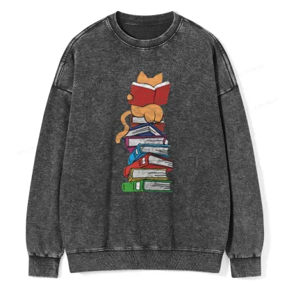 Pagewings Funny Kitten Pet Bookworm Reader Unisex Washed Sweatshirt