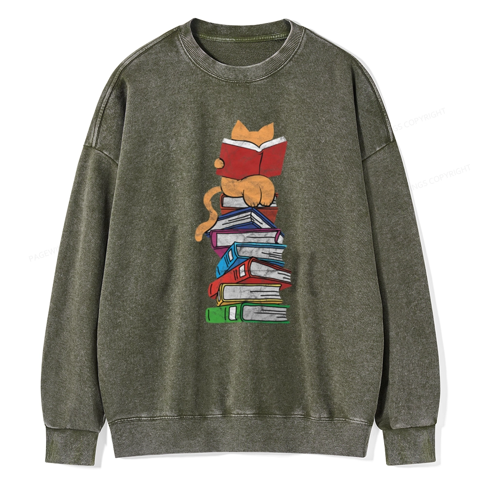 Pagewings Funny Kitten Pet Bookworm Reader Unisex Washed Sweatshirt