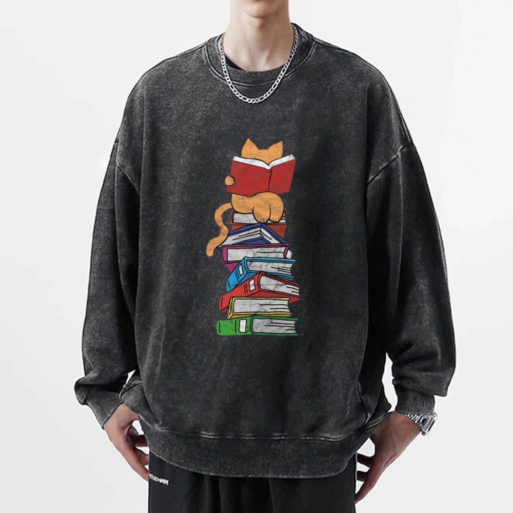 Pagewings Funny Kitten Pet Bookworm Reader Unisex Washed Sweatshirt