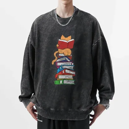 Pagewings Funny Kitten Pet Bookworm Reader Unisex Washed Sweatshirt