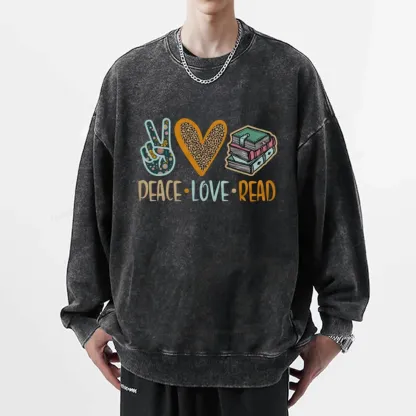 Pagewings Peace Love Read Books Unisex Washed Sweatshirt
