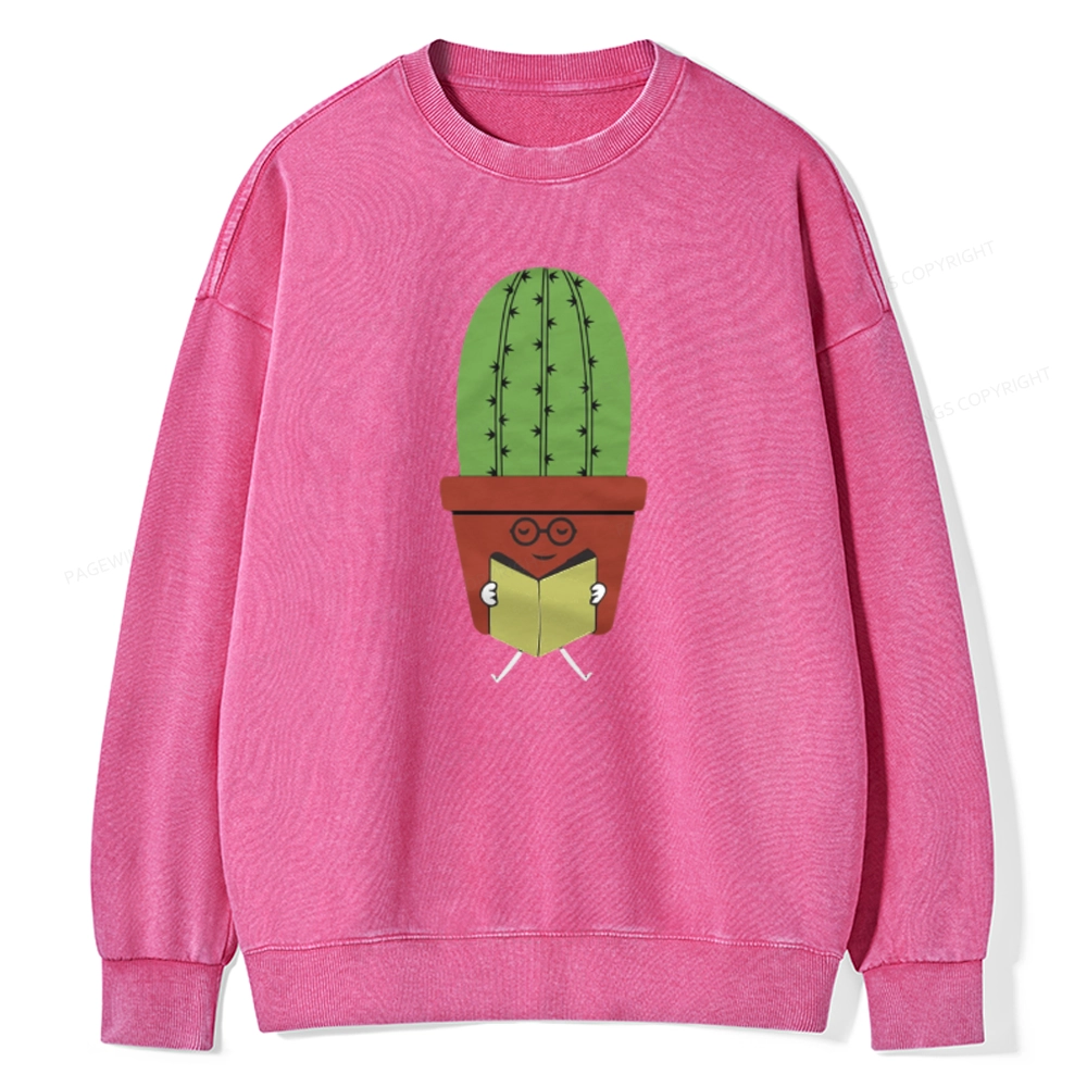 Pagewings Cute Cactus Reading Books Unisex Washed Sweatshirt