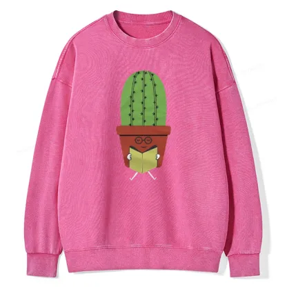 Pagewings Cute Cactus Reading Books Unisex Washed Sweatshirt