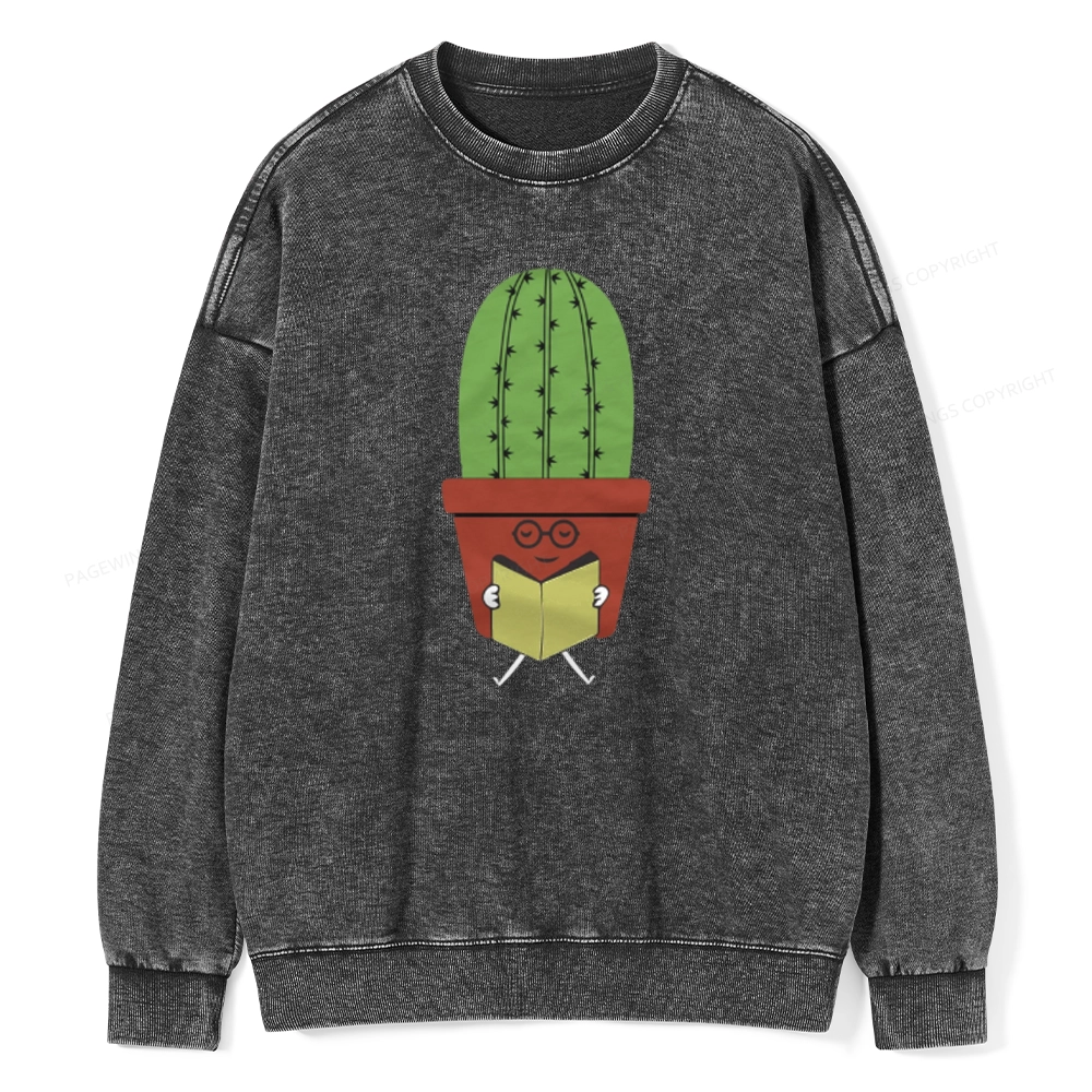 Pagewings Cute Cactus Reading Books Unisex Washed Sweatshirt