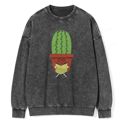 Pagewings Cute Cactus Reading Books Unisex Washed Sweatshirt
