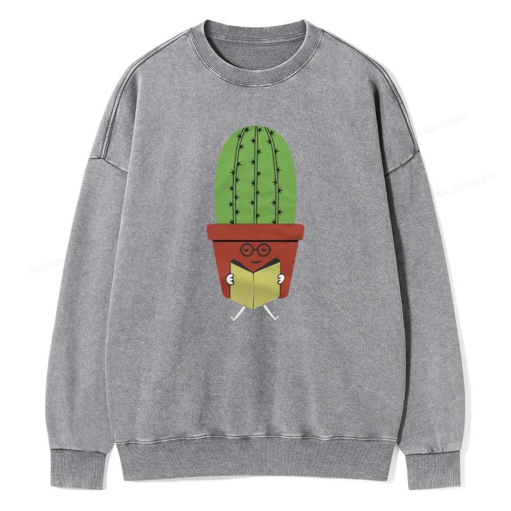 Pagewings Cute Cactus Reading Books Unisex Washed Sweatshirt
