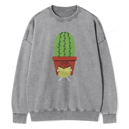 Pagewings Cute Cactus Reading Books Unisex Washed Sweatshirt