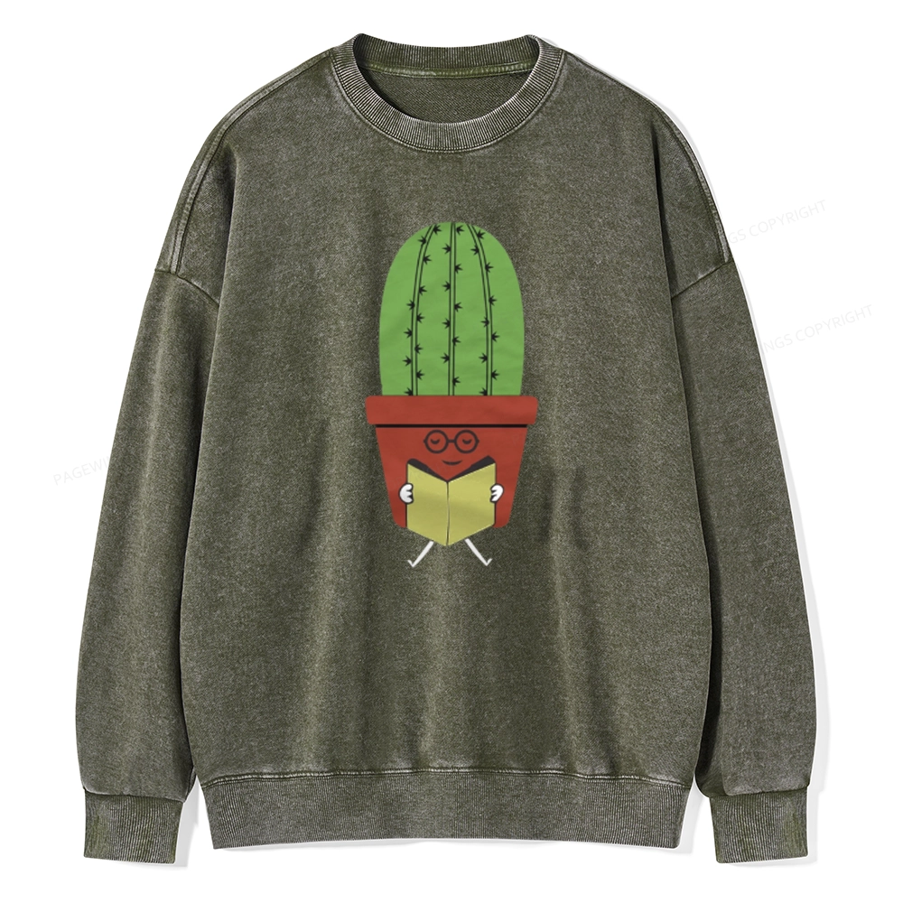 Pagewings Cute Cactus Reading Books Unisex Washed Sweatshirt