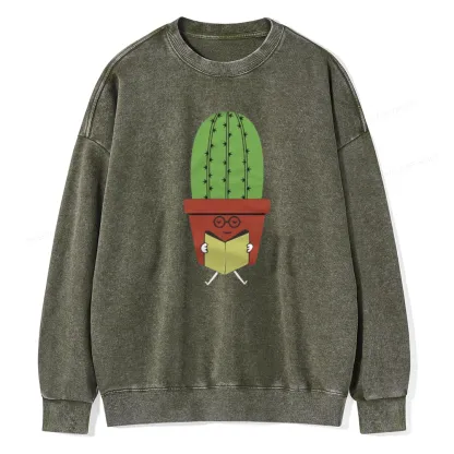 Pagewings Cute Cactus Reading Books Unisex Washed Sweatshirt