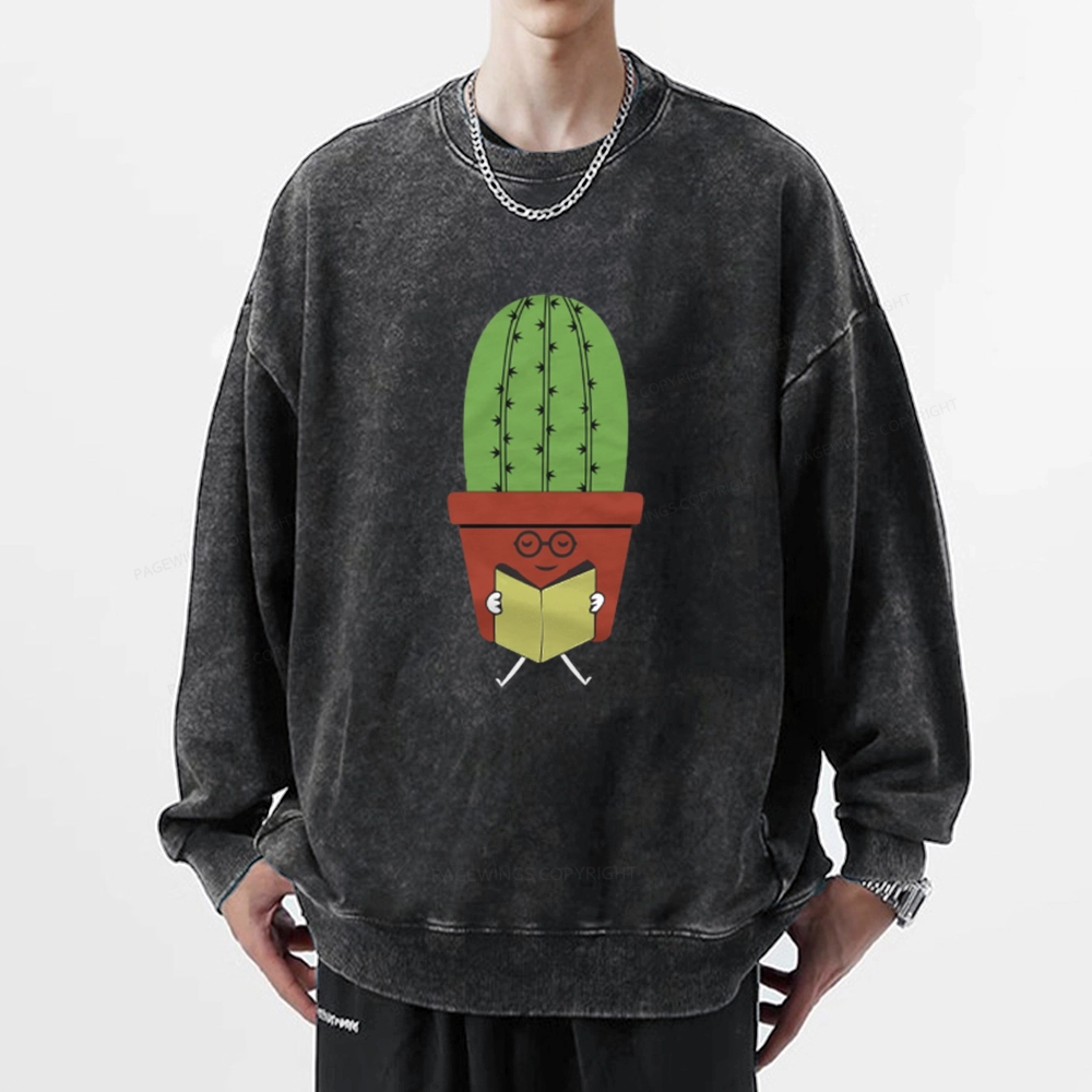 Pagewings Cute Cactus Reading Books Unisex Washed Sweatshirt