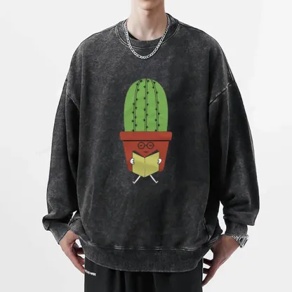 Pagewings Cute Cactus Reading Books Unisex Washed Sweatshirt