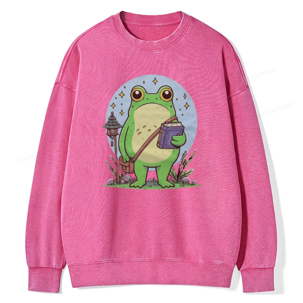 Pagewings Frog Reading Book Unisex Washed Sweatshirt