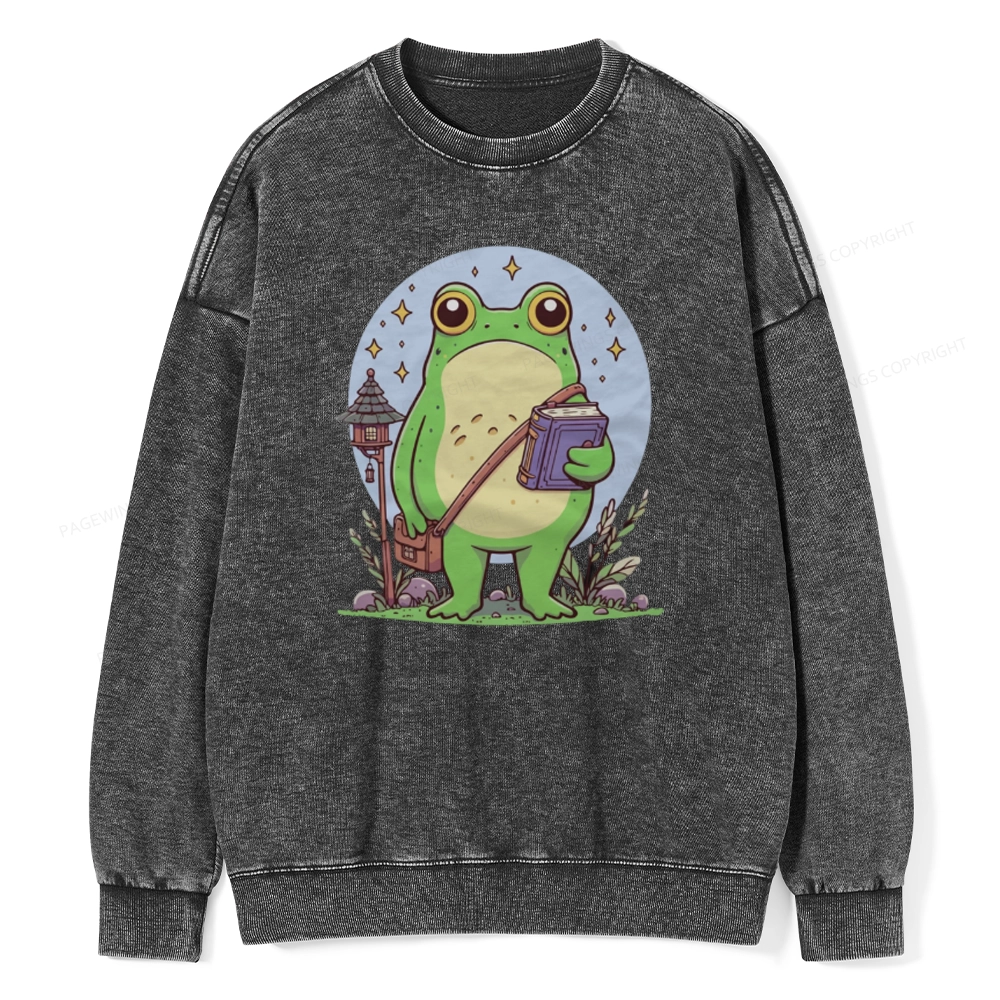 Pagewings Frog Reading Book Unisex Washed Sweatshirt