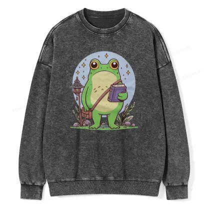 Pagewings Frog Reading Book Unisex Washed Sweatshirt