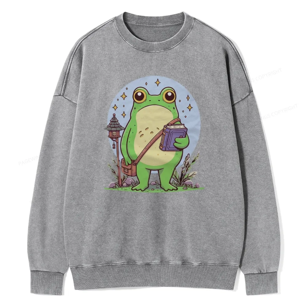 Pagewings Frog Reading Book Unisex Washed Sweatshirt