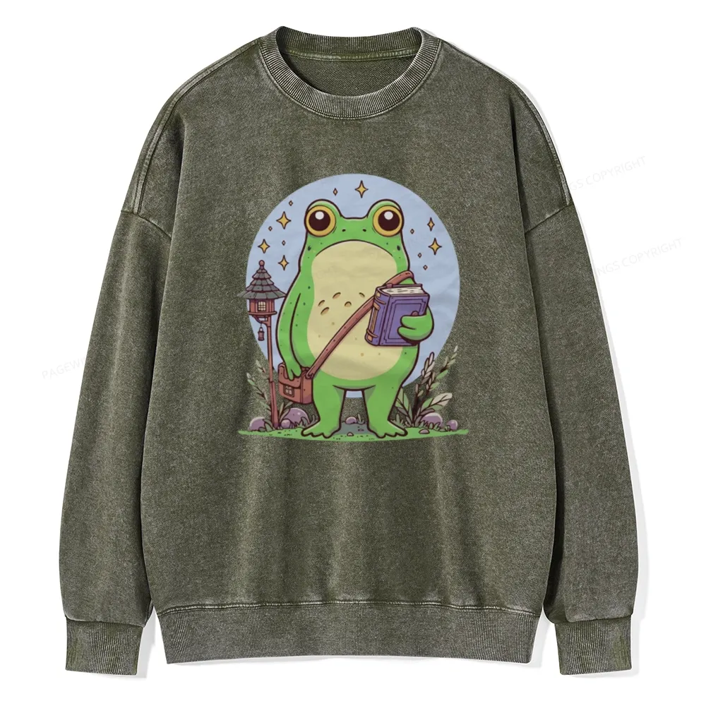 Pagewings Frog Reading Book Unisex Washed Sweatshirt