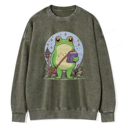 Pagewings Frog Reading Book Unisex Washed Sweatshirt