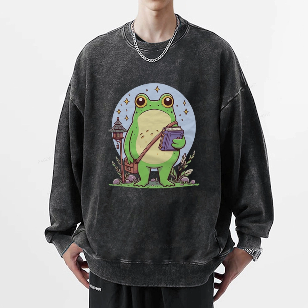 Pagewings Frog Reading Book Unisex Washed Sweatshirt