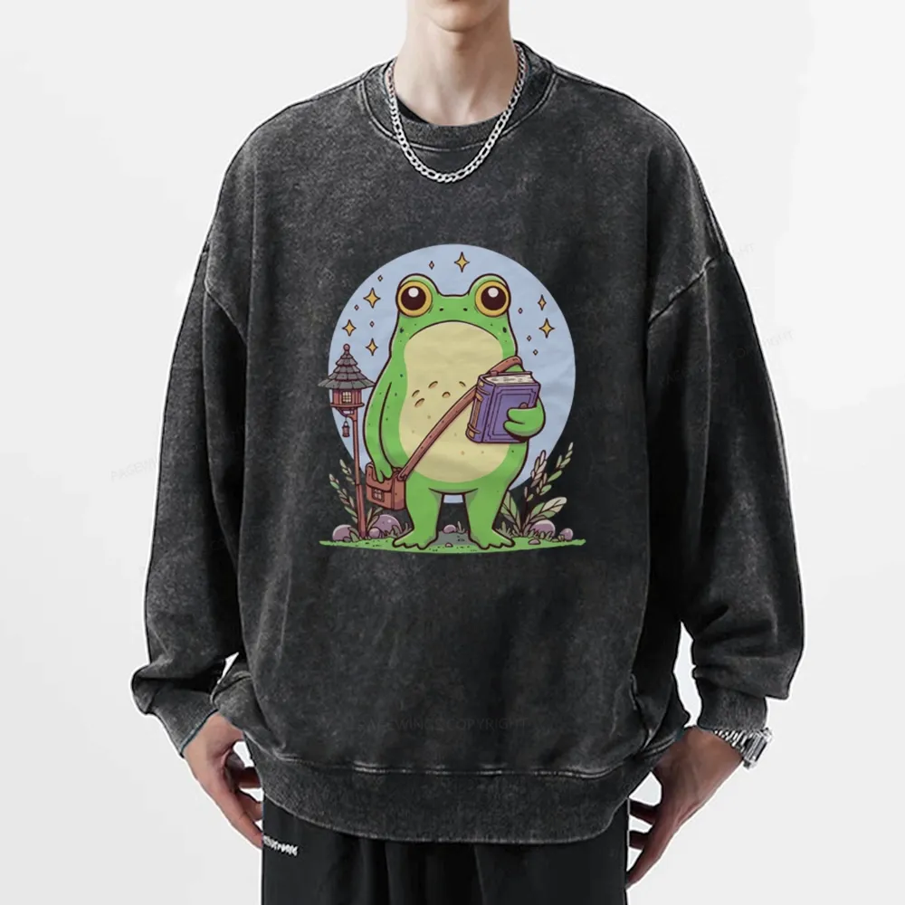 Pagewings Frog Reading Book Unisex Washed Sweatshirt