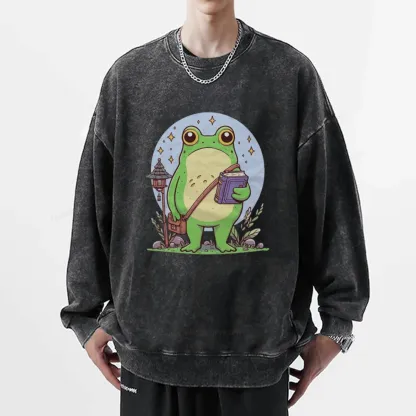 Pagewings Frog Reading Book Unisex Washed Sweatshirt