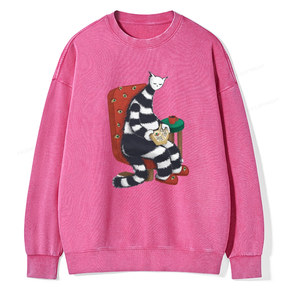 Pagewings Weird Cat Reading At Home Unisex Washed Sweatshirt
