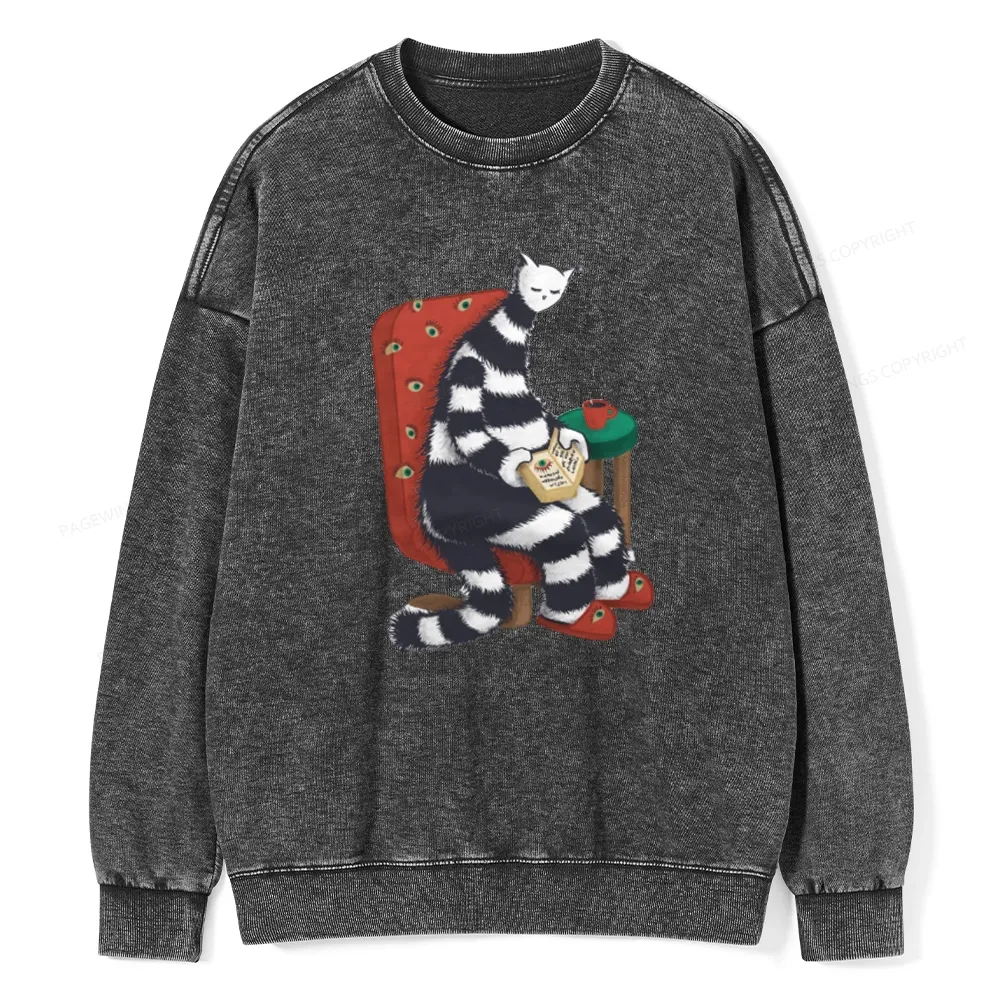 Pagewings Weird Cat Reading At Home Unisex Washed Sweatshirt