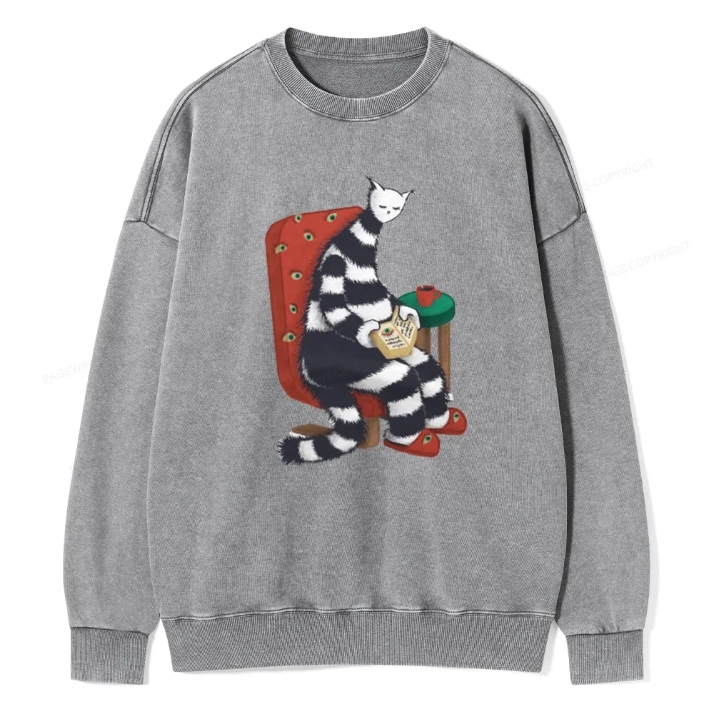 Pagewings Weird Cat Reading At Home Unisex Washed Sweatshirt
