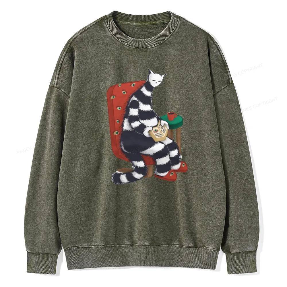 Pagewings Weird Cat Reading At Home Unisex Washed Sweatshirt