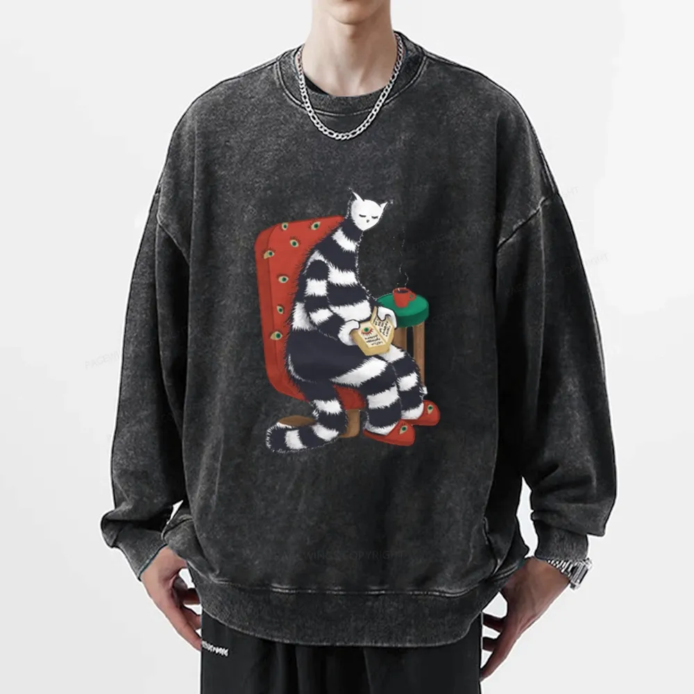 Pagewings Weird Cat Reading At Home Unisex Washed Sweatshirt