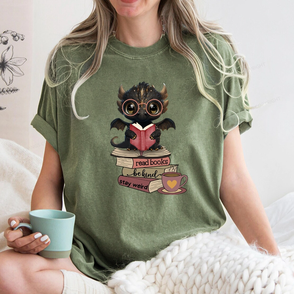 Pagewings Cute Dragon Reading Unisex Washed T-shirt