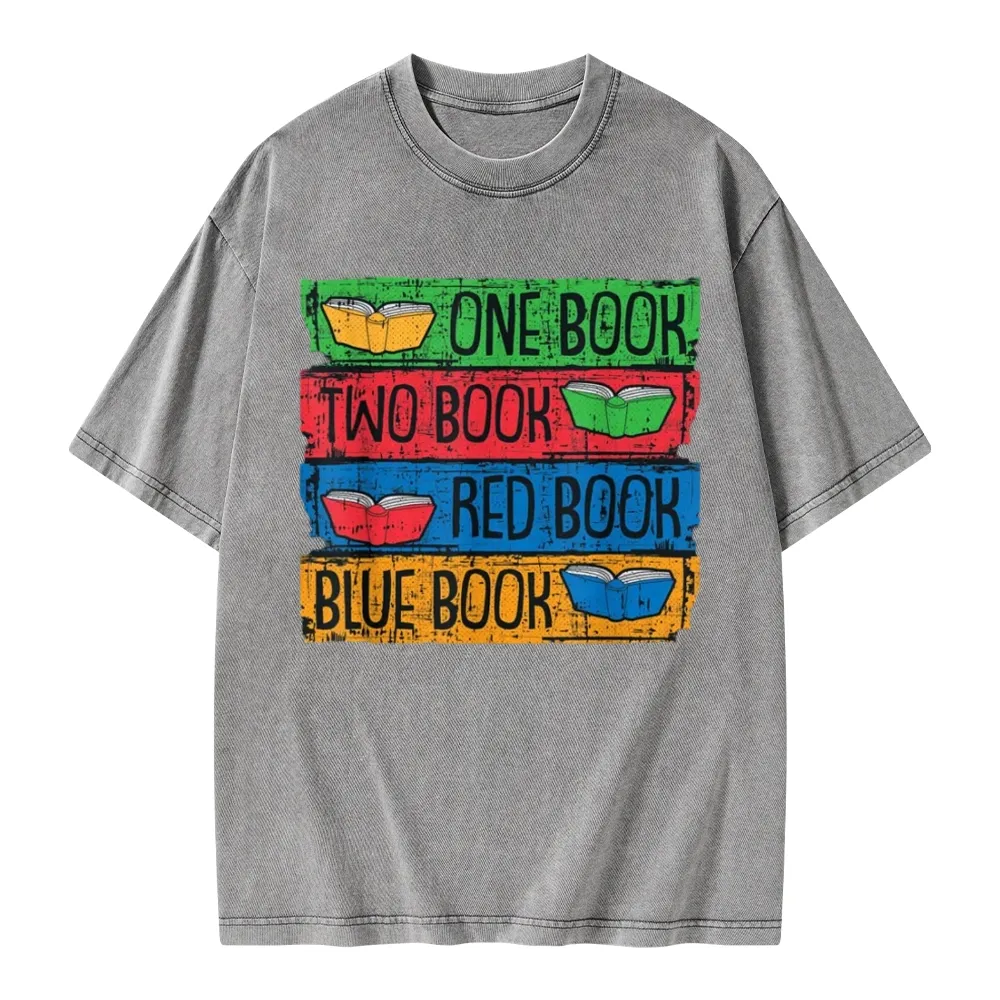 Pagewings One Book Two Books Red Book Blue Book Unisex Washed T-shirt