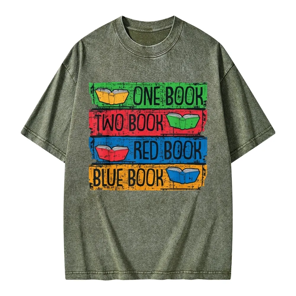 Pagewings One Book Two Books Red Book Blue Book Unisex Washed T-shirt