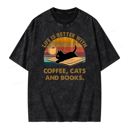Pagewings Life Is Better With Coffee Cats And Books Unisex Washed T-shirt