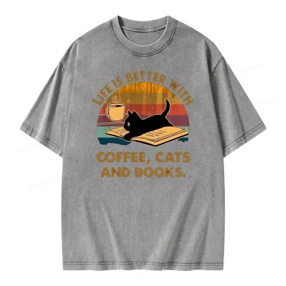 Pagewings Life Is Better With Coffee Cats And Books Unisex Washed T-shirt
