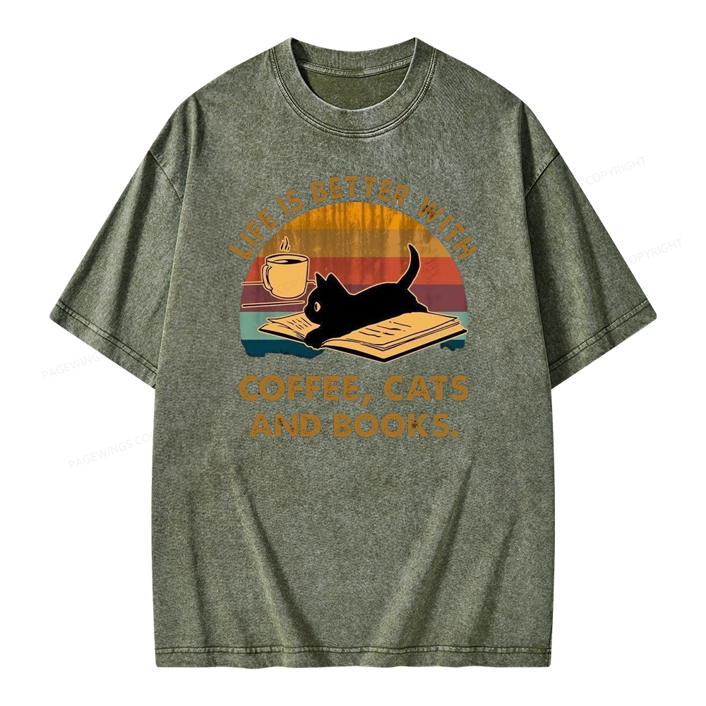 Pagewings Life Is Better With Coffee Cats And Books Unisex Washed T-shirt