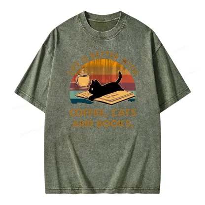 Pagewings Life Is Better With Coffee Cats And Books Unisex Washed T-shirt
