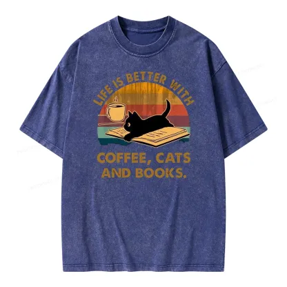 Pagewings Life Is Better With Coffee Cats And Books Unisex Washed T-shirt