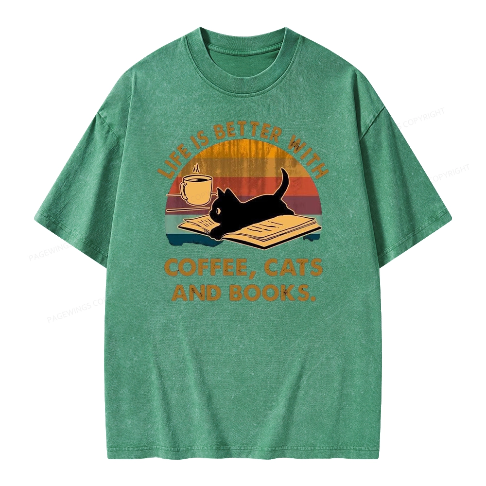 Pagewings Life Is Better With Coffee Cats And Books Unisex Washed T-shirt